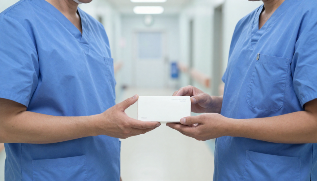 Doctor handing another doctor medication delivery