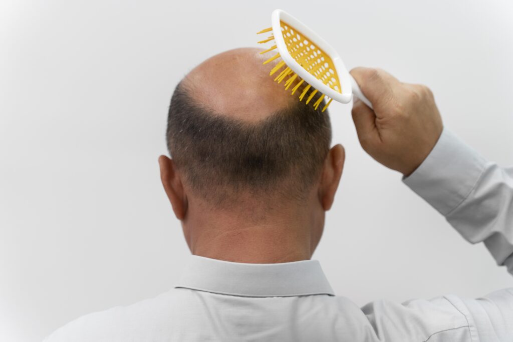 bald man from the back brushing his head with a yellow brush
