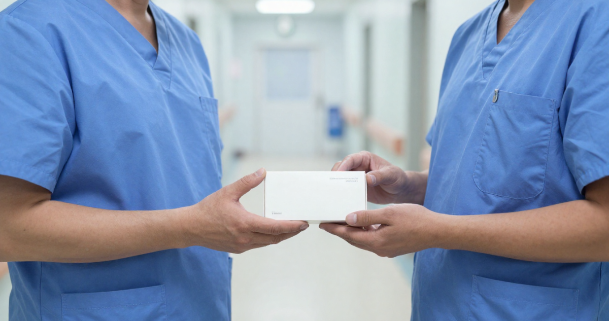 Doctor handing another doctor medication delivery